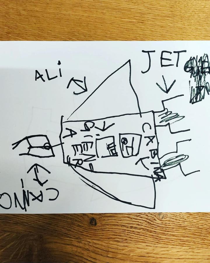 Il disegno di un jet fatto da Giacomo, 6 anni, con ali, jet, cabina e cannone